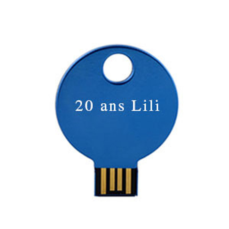Clé USB ronde bleue gravée