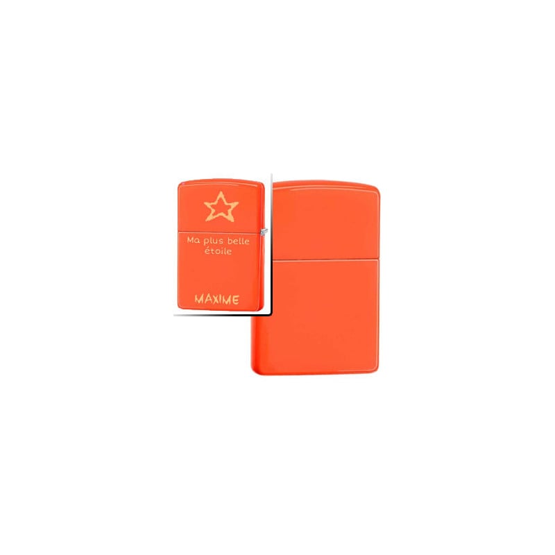 Briquet Zippo orange fluo gravé