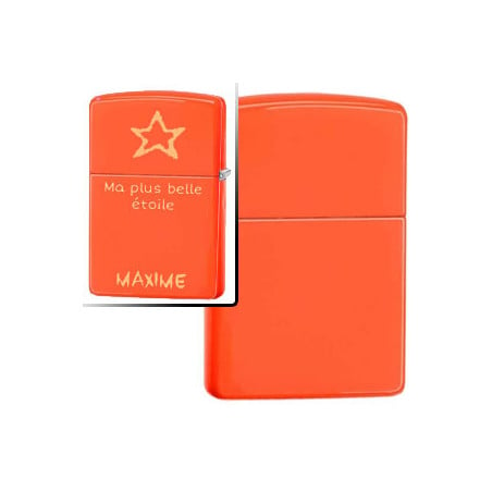 Briquet Zippo orange fluo gravé