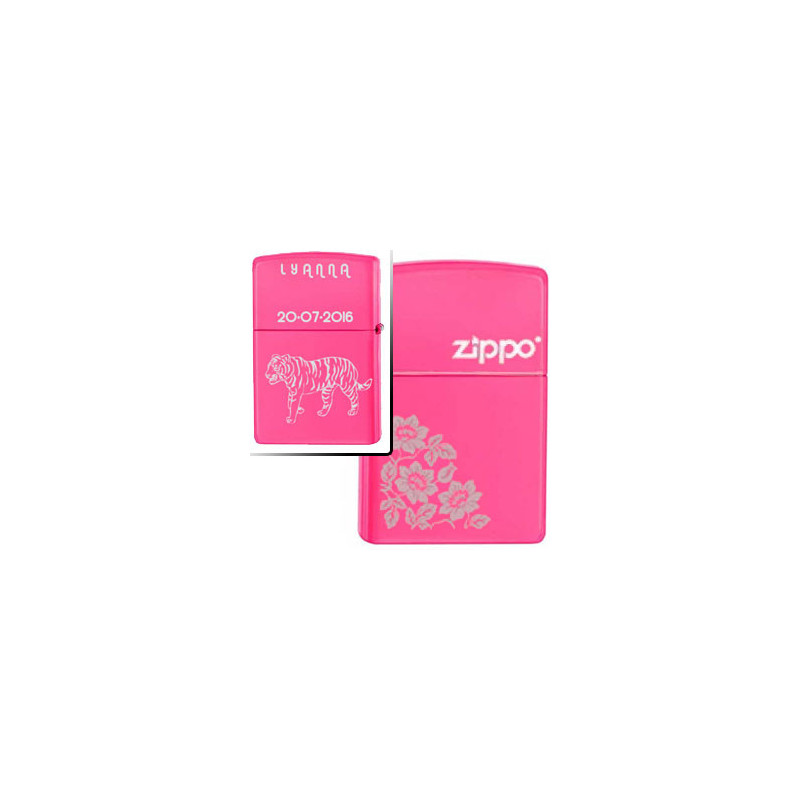 Briquet zippo rose fluo fleurs gravé