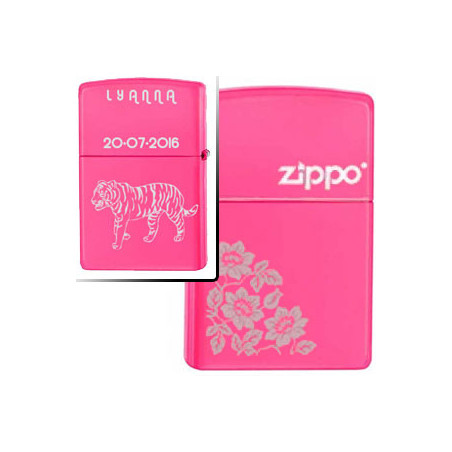 Briquet zippo rose fluo fleurs gravé