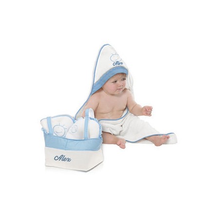 Coffret Bain Bebe Nageur Bleu Brode Coffret Bain Bebe Nageur Bleu Brode